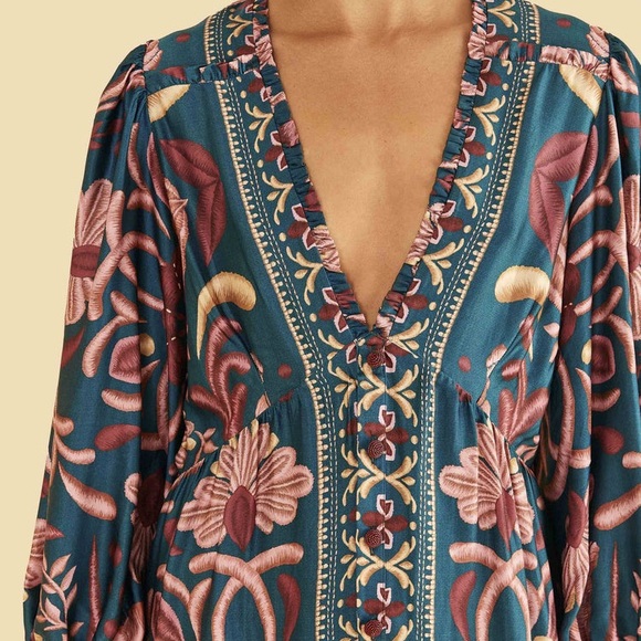NEW FARM Rio Seashell Tapestry Teal Long Sleeve Mini Dress Floral Beaded Size M - Picture 2 of 16